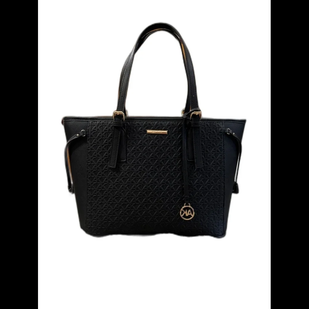 Anne Klein Black Embossed Tote with Gold Charm Accent